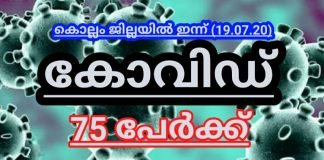 കൊല്ലം ജില്ലയിൽ ഇന്ന് കോവിഡ് 75 പേർക്ക്; സമ്പർക്കം 61 പേർ. നിലവിൽ ആകെ രോഗബാധിതർ 410