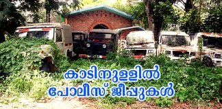 കാടിനുള്ളിൽ പോലീസ് ജീപ്പുകൾ; ഒരു ഡസനോളം ഉപയോഗശൂന്യമായ പോലീസ് ജീപ്പുകളും ട്രാഫിക്ക് ബോധവത്ക്കരണ സന്ദേശയാത്രയ്ക്കായി ഉപയോഗിച്ച ഒരു KSRTC ബസും സിറ്റി പോലീസിന്റെ ഹെഡ് കോർട്ടേഴ്സിന്റെ മുമ്പിലും പരിസരത്തും കിടന്ന് നശിക്കുകയാണ്.