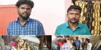 ഒരു ലക്ഷം രൂപയുടെ വിളക്ക് മോഷ്ടിച്ച രണ്ടംഗ സംഘം പിടിയിൽ